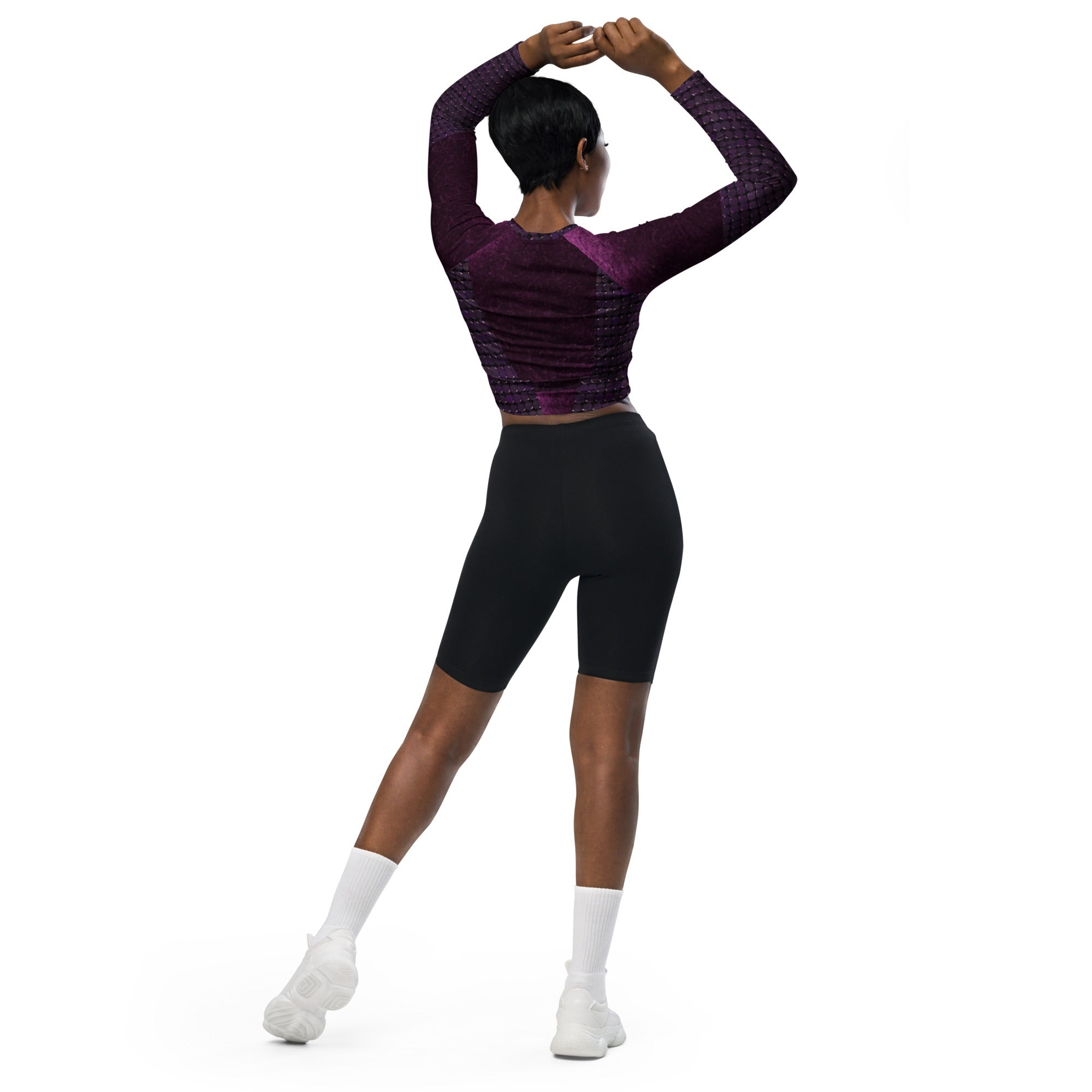 Long-sleeve gym crop top. Ideal fitness top, runner's or yoga top. "Mulberry" by WickedYo.